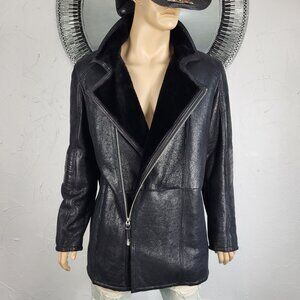 NWT~$1195~OTTIMO~L/XL~BLACK GENUINE LEATHER REAL SHEARLING FUR COAT JACKET